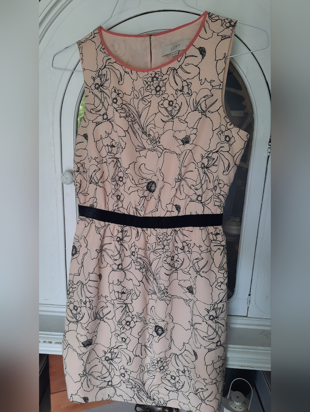 Loft Small Petite Floral Peachy Cream Dress Elastic Waistband Peach Trim